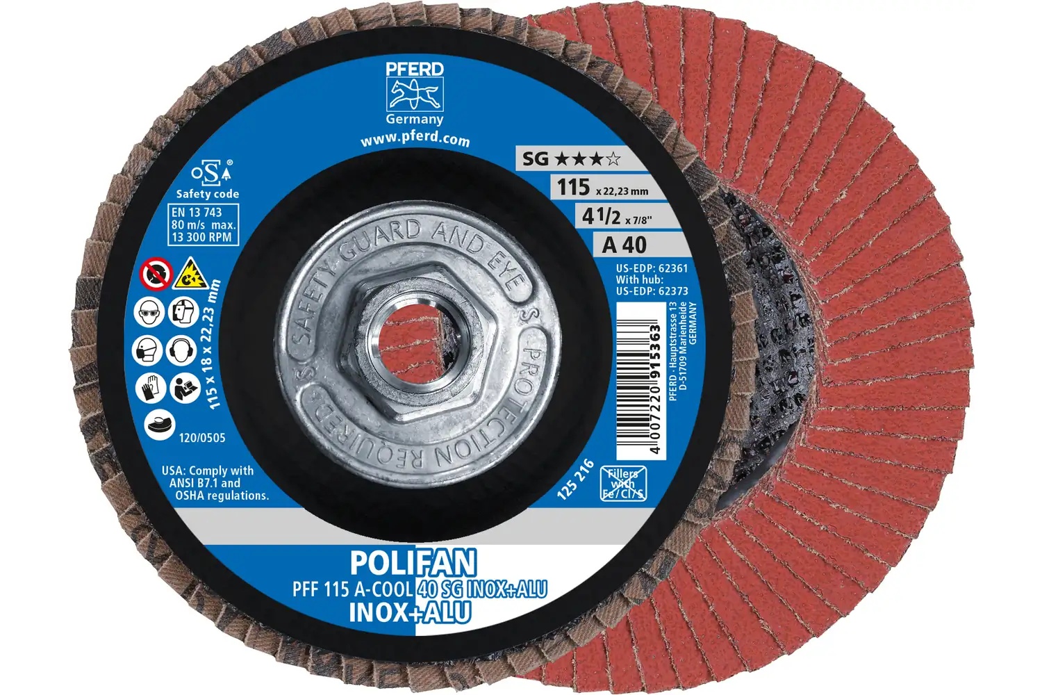 Picture of Pferd Flap Disc, 4-1/2" x 5/8-11, A-Cool SG Inox+ALU, 40 Grit, T27, Flat, Aluminum oxide